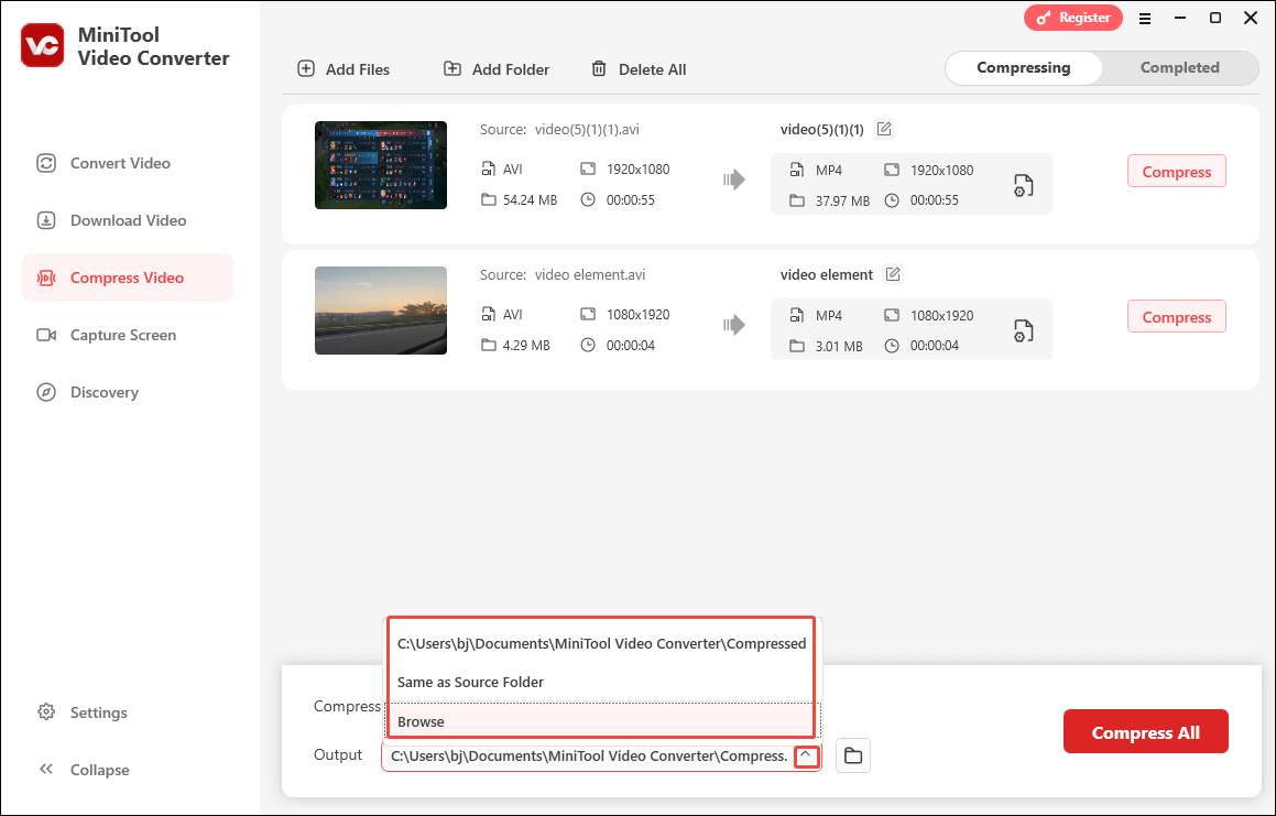 Expand the Output option in MiniTool Video Converter to choose a saving path for your compressed files