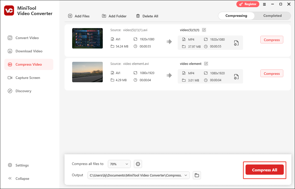 Click on Compress All in MiniTool Video Converter to begin the compression process