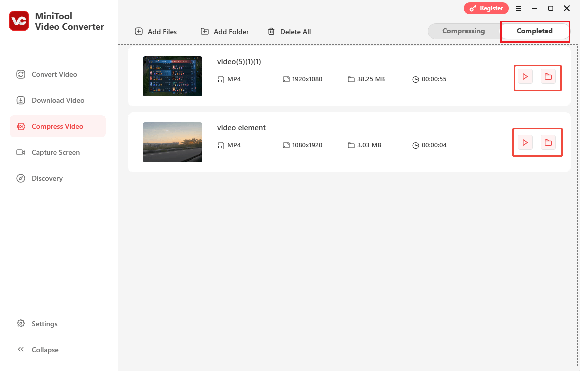 Click on the Folder icon or the Play icon in MiniTool Video Converter to locate or view the compressed videos