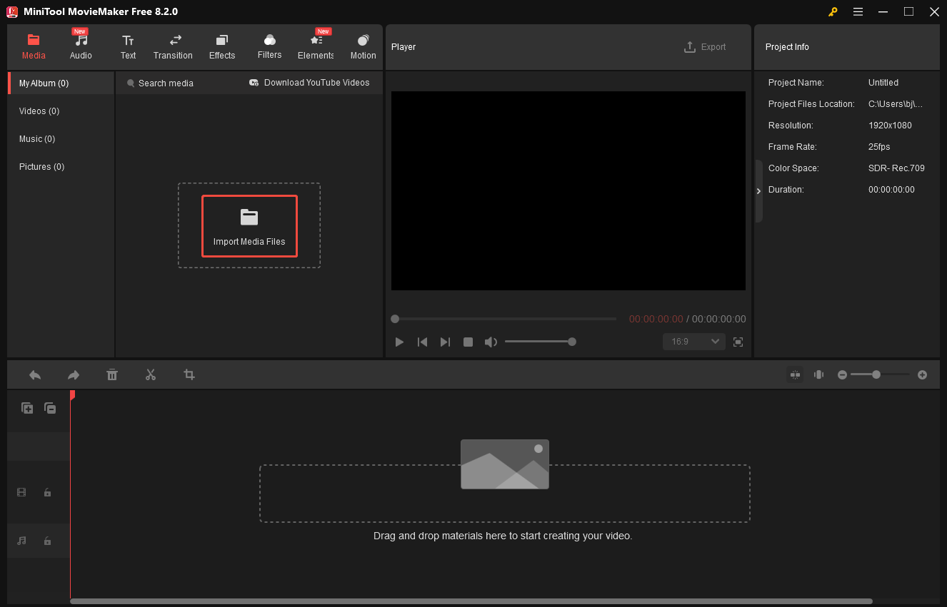 Click on Import Media Files in MiniTool MovieMaker to upload your AVI file