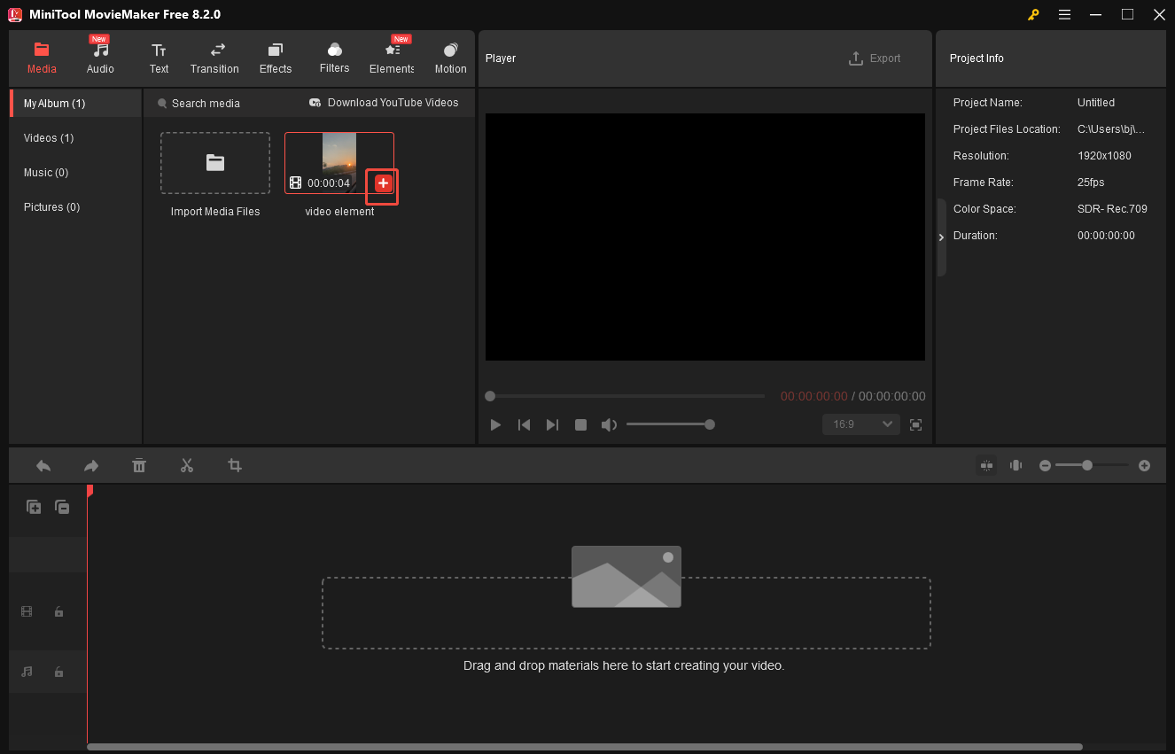 Click on the Plus icon in MiniTool MovieMaker to add the AVI video to the timeline