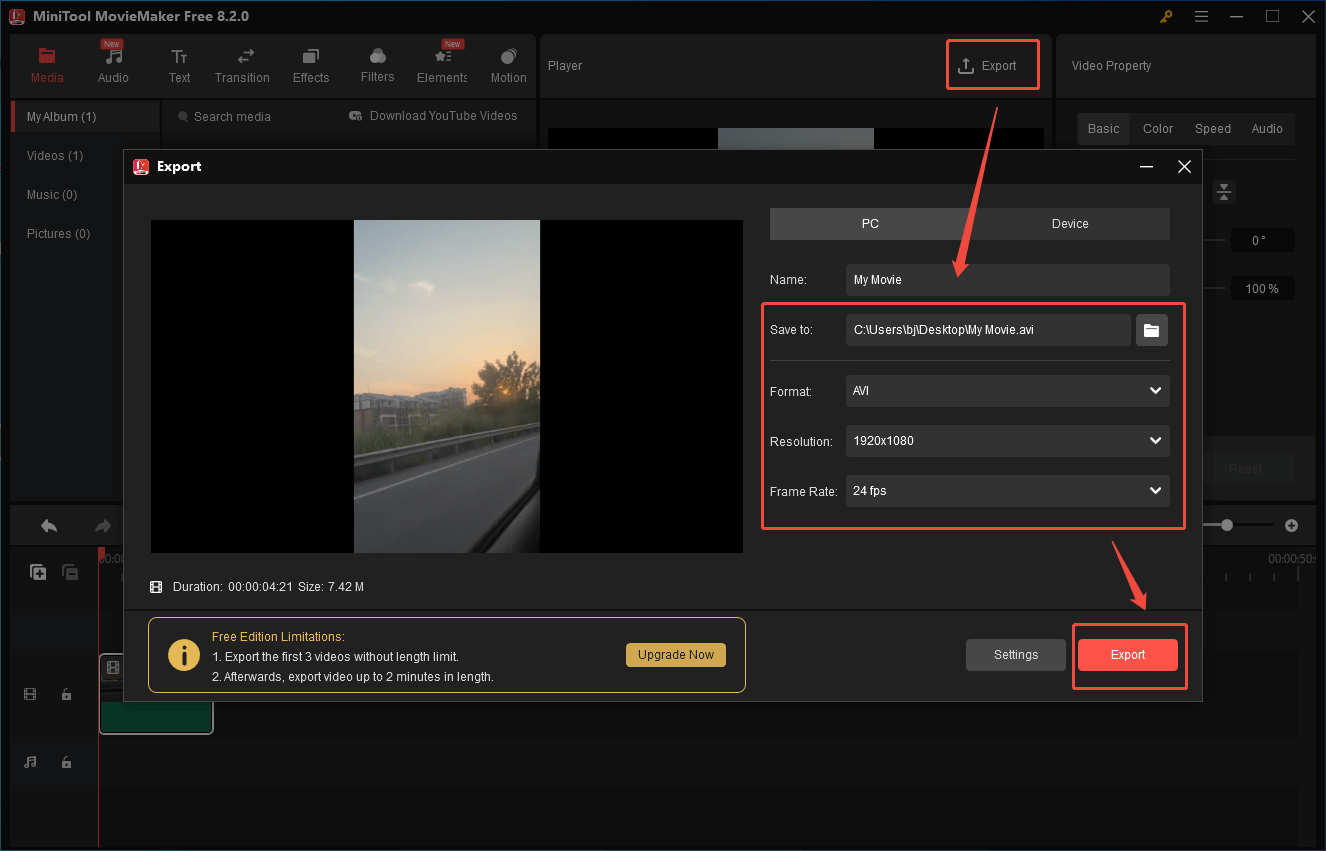 Choose AVI 1080P 24fps as the output format and click on Export in MiniTool MovieMaker to begin the file compression