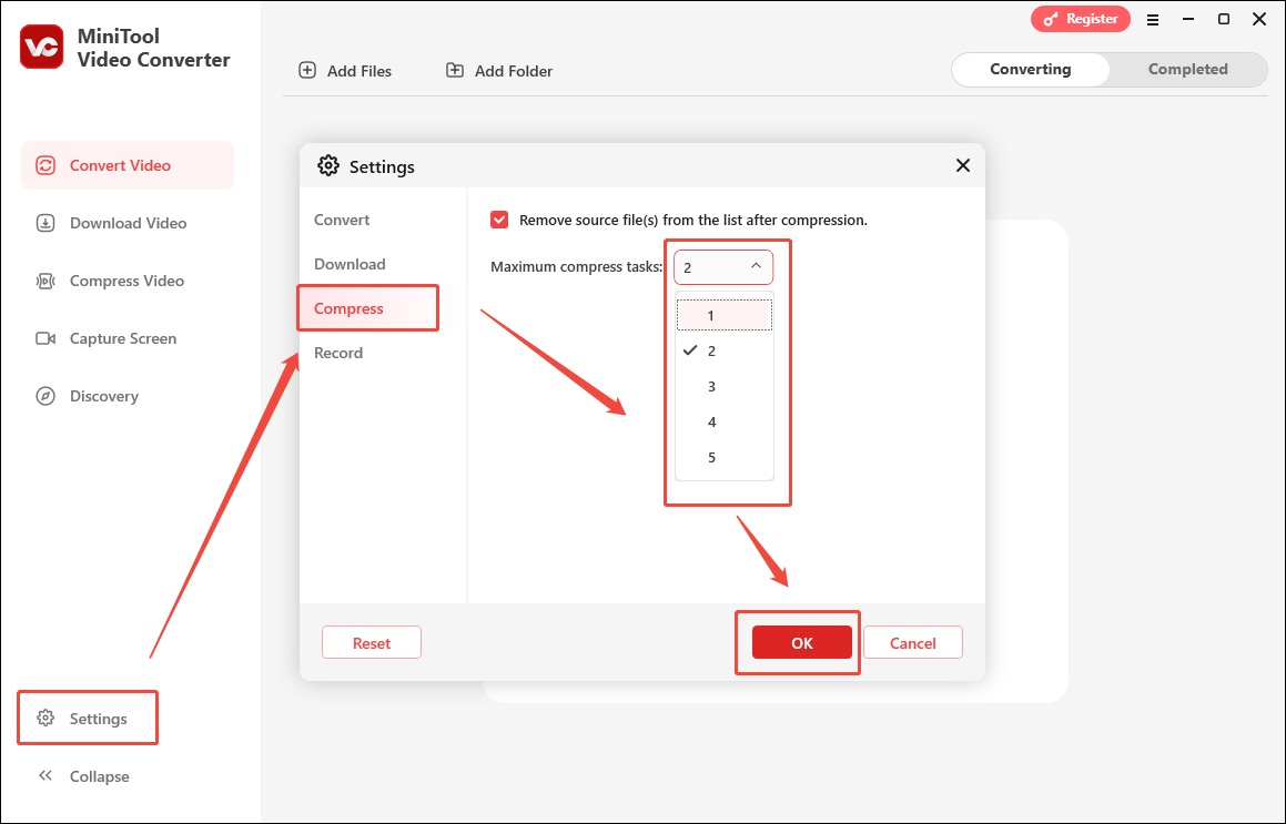 Configure the maximum compression tasks in the Settings window of MiniTool Video Converter