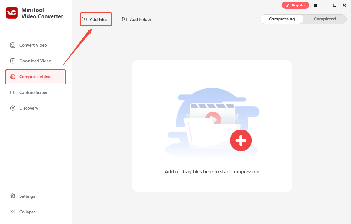 Click on Add Files in MiniTool Video Converter’s Compress Video module to upload your FLV files