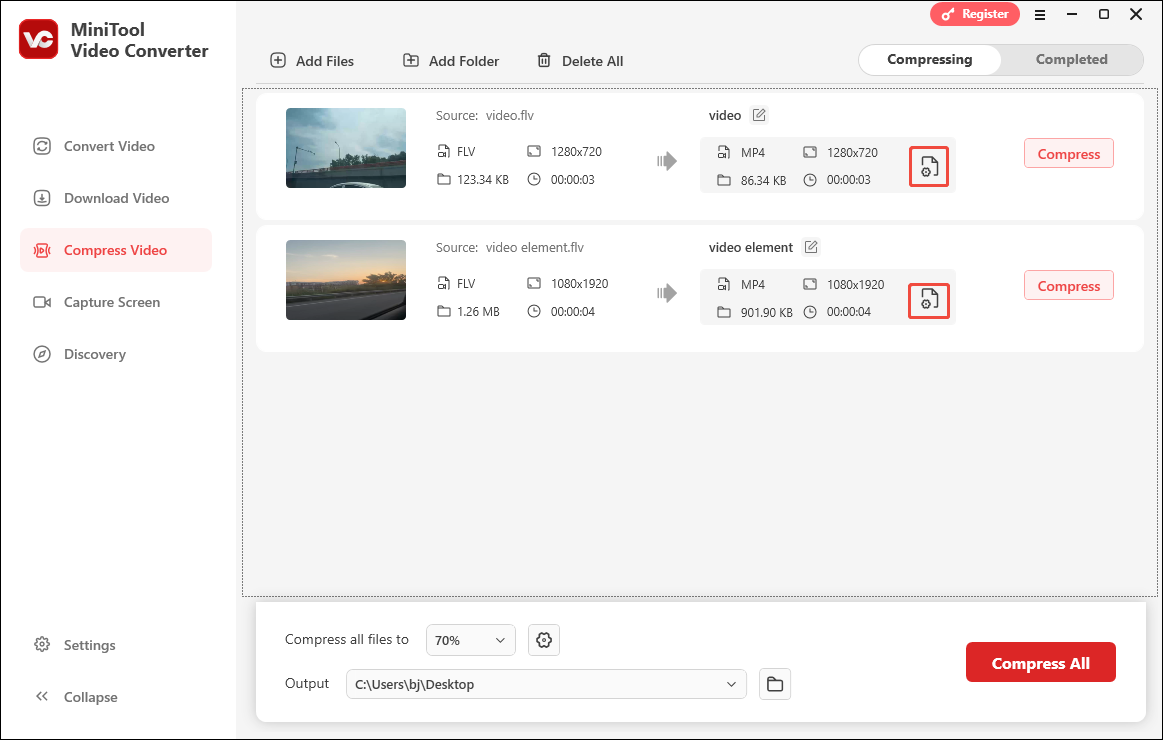Click on the Settings icon in MiniTool Video Converter’s Compress Video module to enter the Compression Settings window.