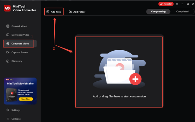 Switch to Compress Video, click on Add Files, or drag and drop the video to the middle area to import the video to MiniTool Video Converter