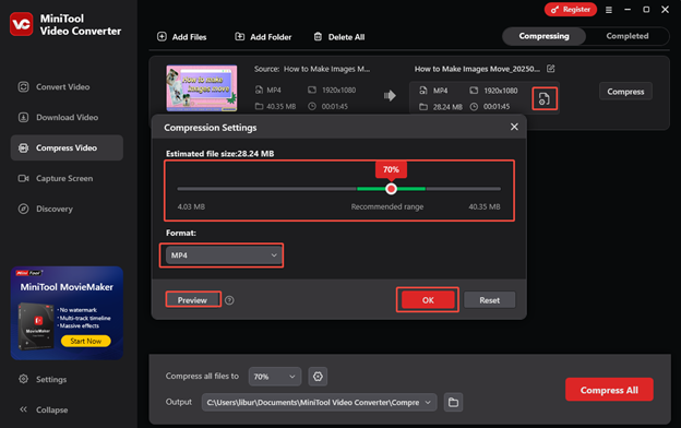 Click on Settings, adjust the compression percentage by dragging the slider, expand Format, click on Preview, and click on OK to save the changes in MiniTool Video Converter