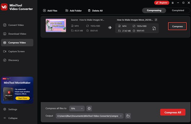 Click on Compress to compress the video with MiniTool Video Converter