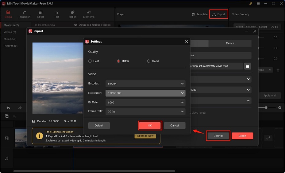 Adjust the output parameters