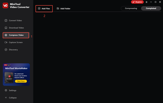 Switch to Compress Video and click on Add Files to upload the M4V video to MiniTool Video Converter