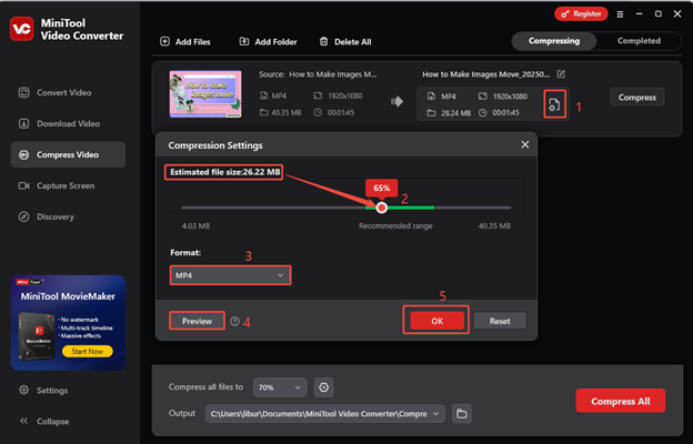 Click on Settings to open the Compression Settings window, then choose the compression level, output format, and check the compressed quality in MiniTool Video Converter