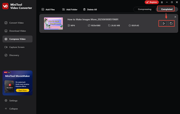 Click the play icon to play the compressed video directly or click the folder icon to locate the MP4 video in MiniTool Video Converter