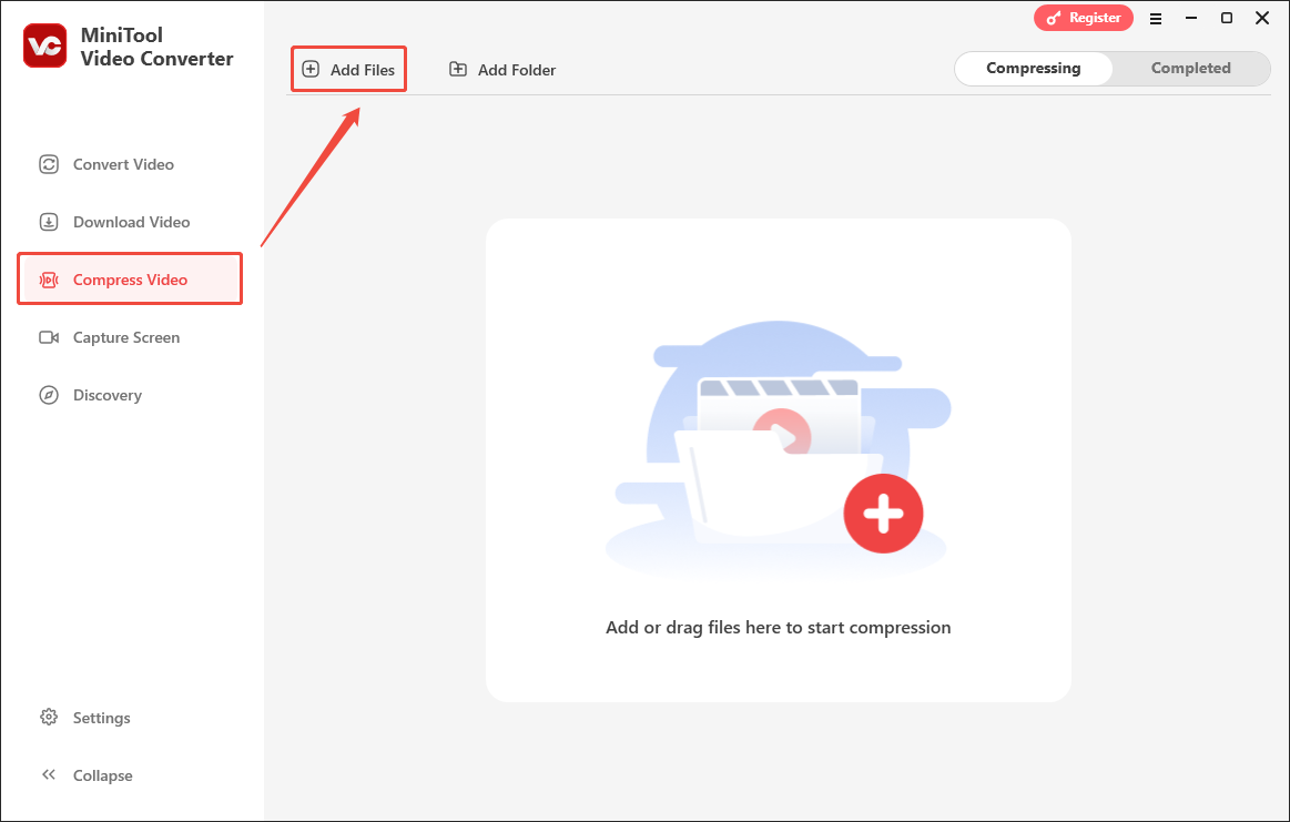 Click on the Add Files option in MiniTool Video Converter’s Compress Video tab to upload MPEG files