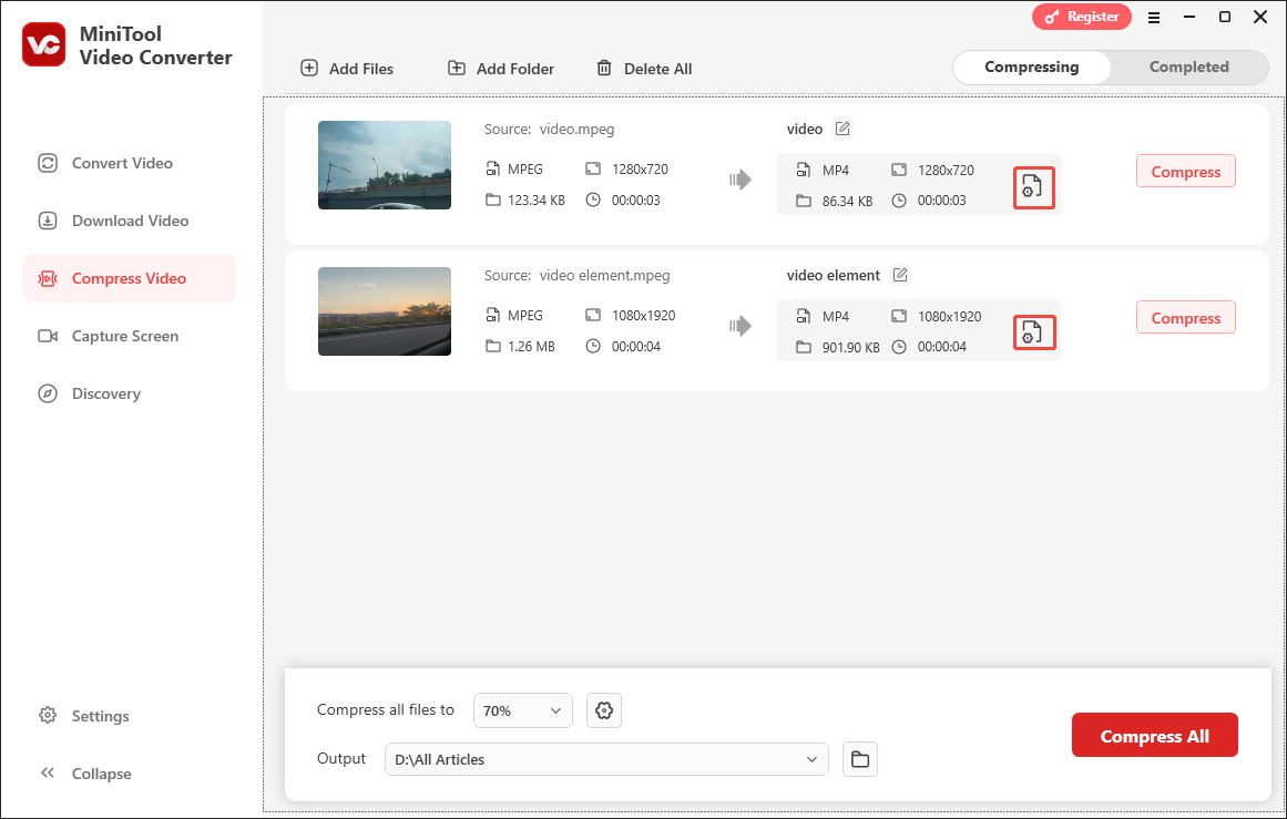Click on the Settings icon in MiniTool Video Converter to enter the Compression Settings window