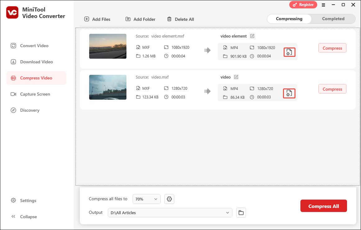 Click on the Settings icon in MiniTool Video Converter’s Compress Video module to enter the Compression Settings window