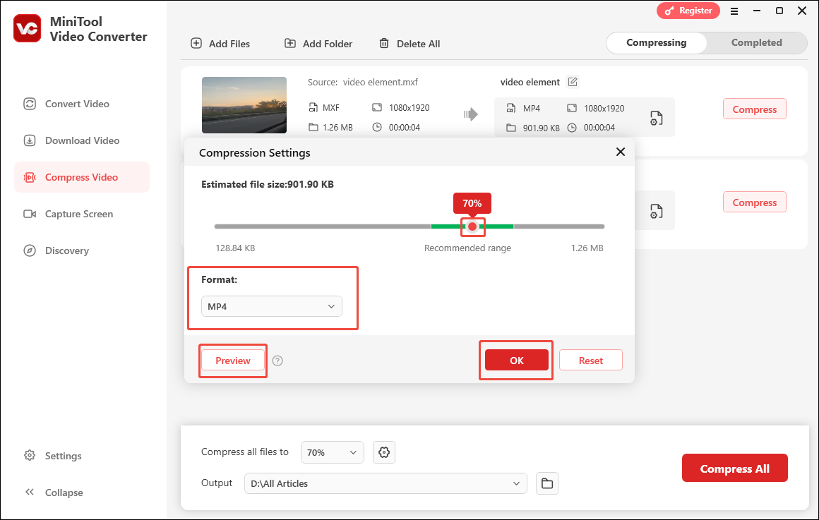 Configure the compression settings in the Compression Settings window of MiniTool Video Converter