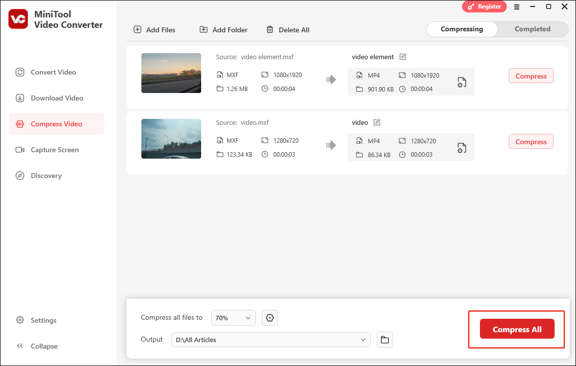 Click on Compress All to start compression in MiniTool Video Converter