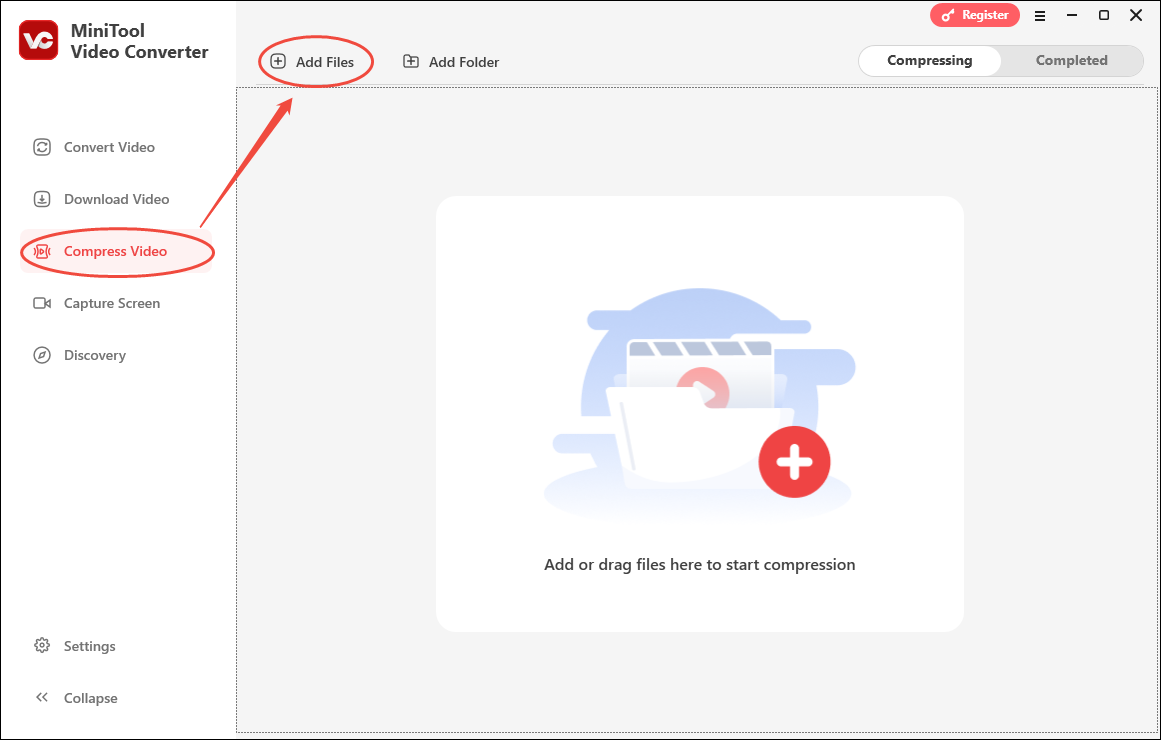 Click on the Add Files option in MiniTool Video Converter’s Compress Video module to upload your OBS recordings