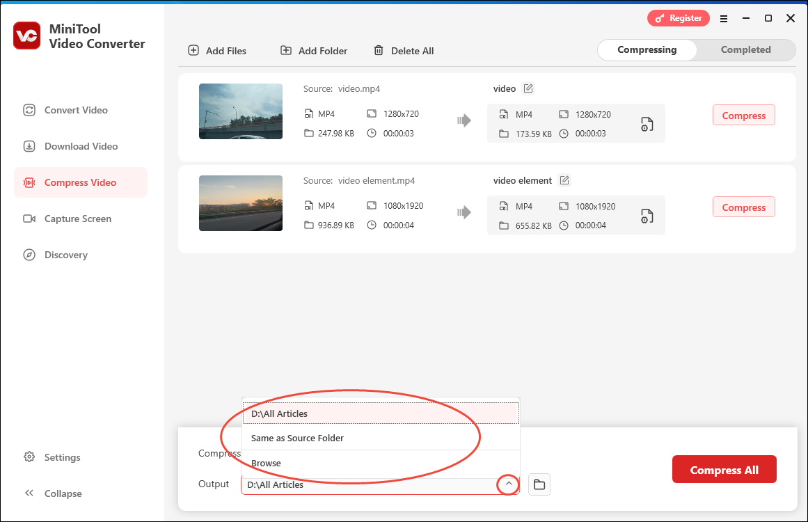 Expand the Output option at the bottom left of MiniTool Video Converter to choose an output location