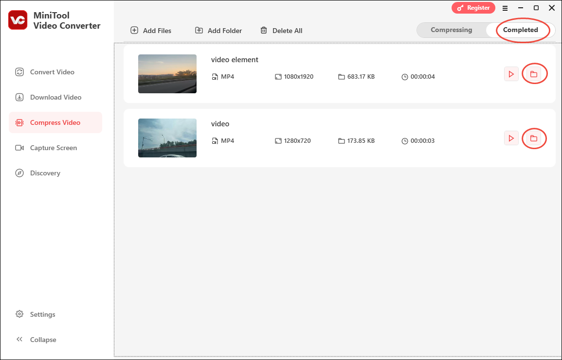 Click on the Folder icon in the Completed section of MiniTool Video Converter’s Compress Video module to locate the compressed videos