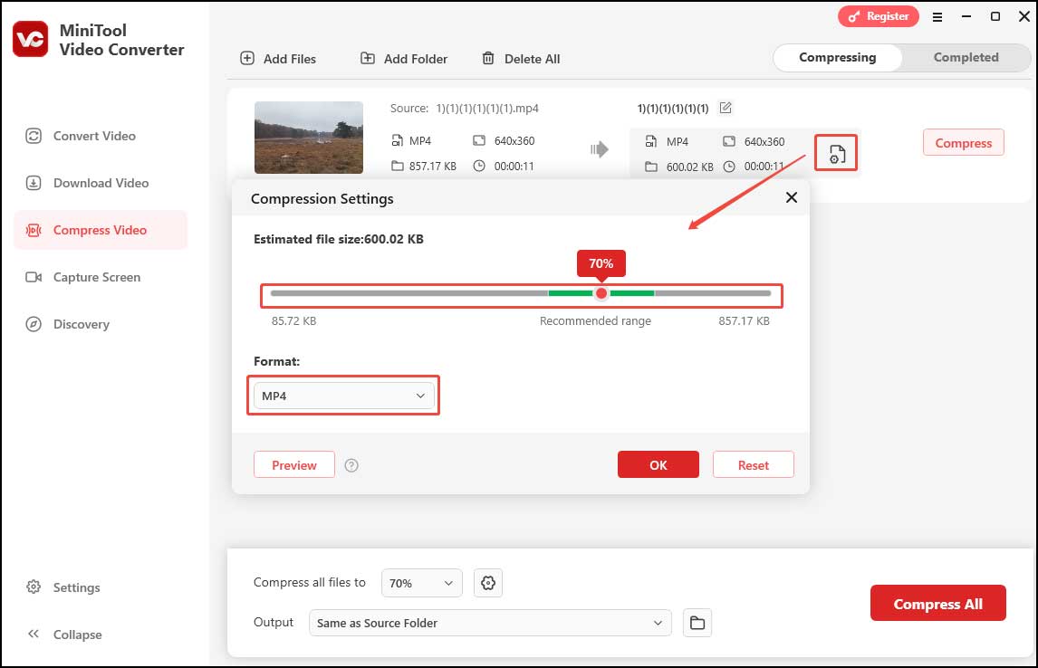 Customize the compression level and output format for your compressed QuickTime video in MiniTool Video Converter