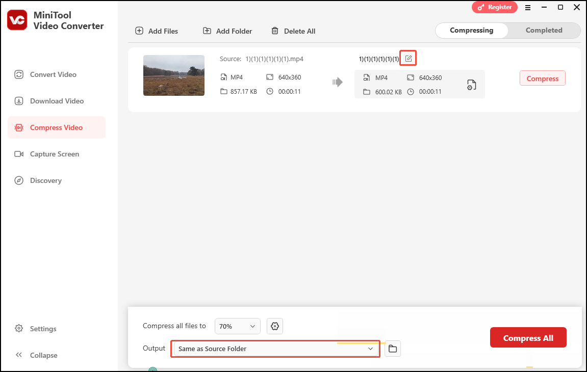Expand the output settings to select a destination folder for the compressed video and click Compress to begin the process
