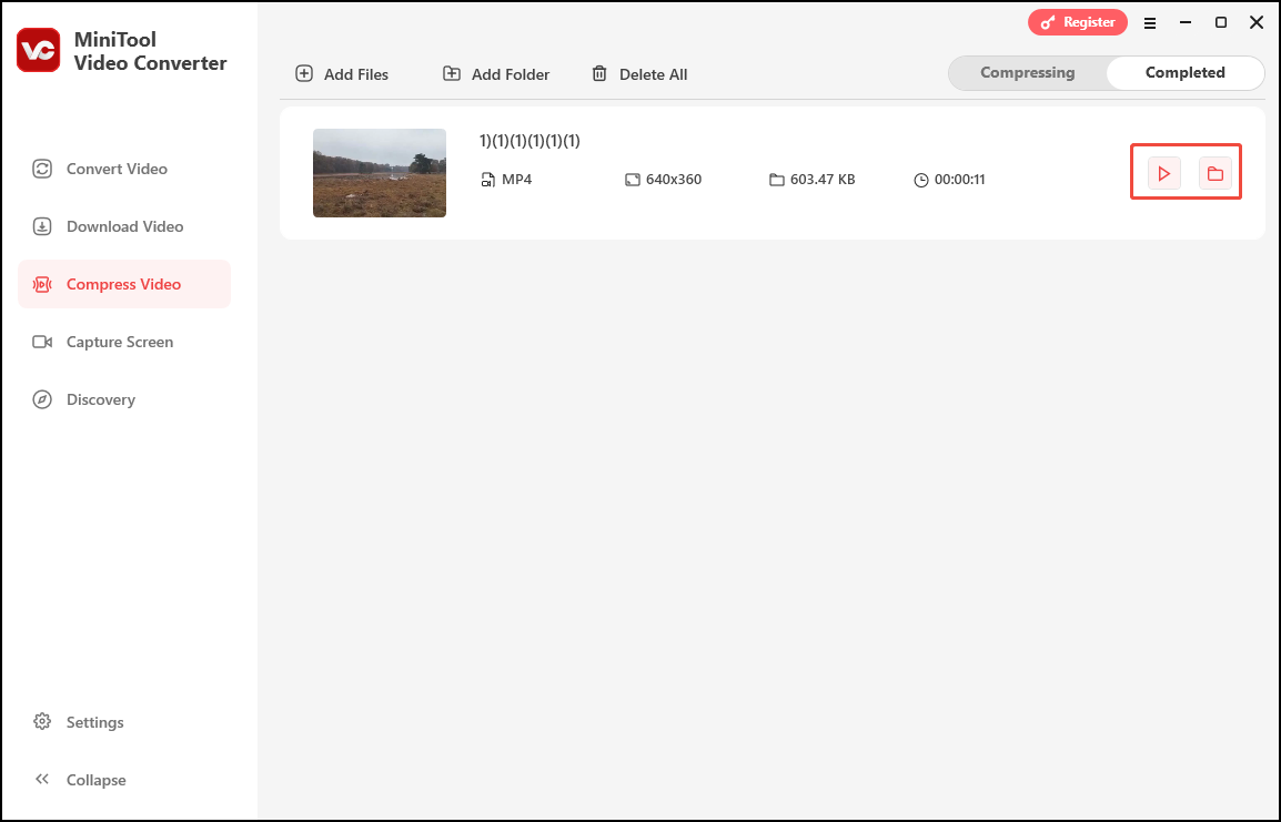 Click on the Play icon or the Folder icon in MiniTool Video Converter to view or locate the compressed video