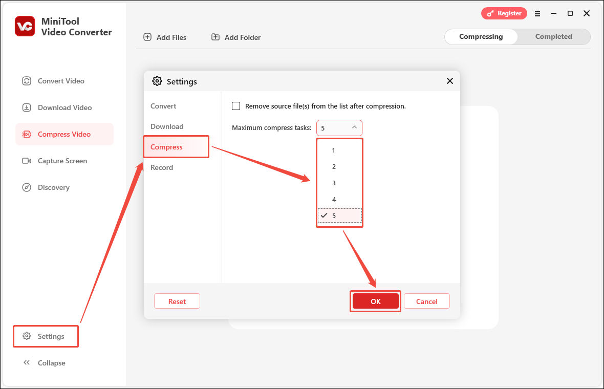 Choose Settings, switch to the Compress tab, set the maximum compression tasks, and click OK in MiniTool Video Converter