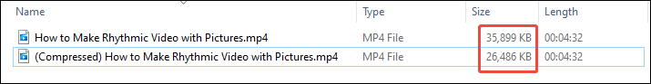 The compressed video is smaller than the original video