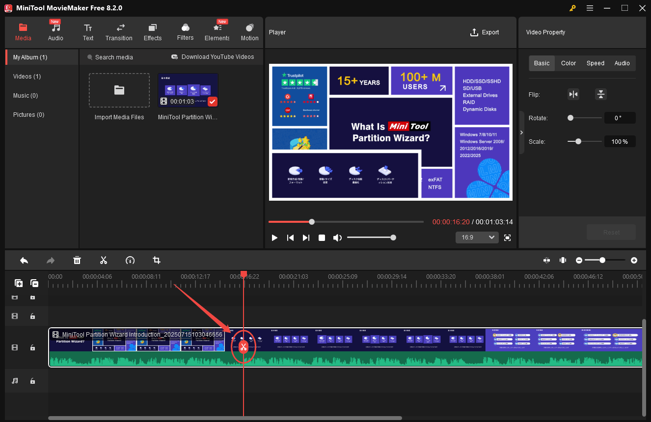 Click the scissors icon to split the video in MiniTool MovieMaker