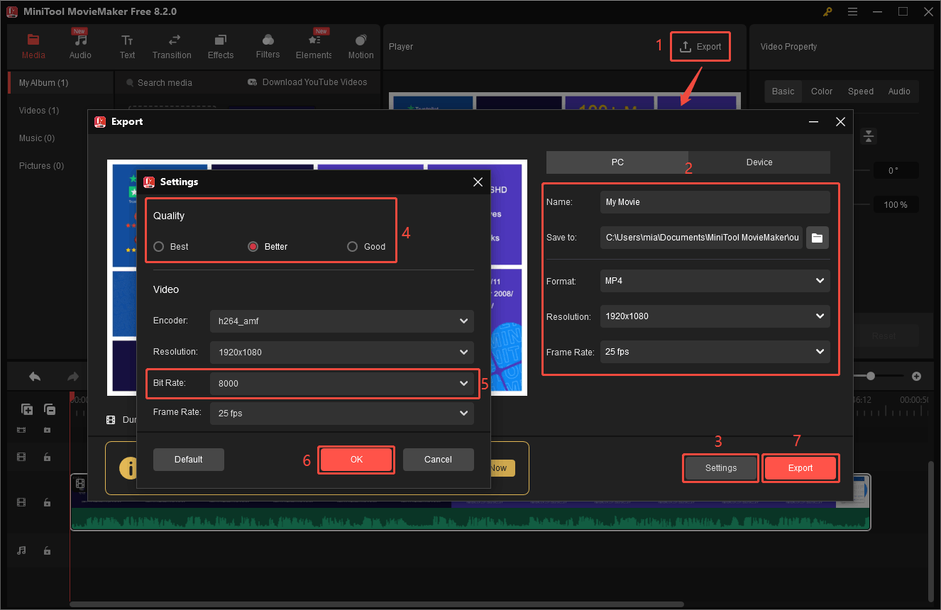 Click Export, customize the file name, save location, output format, resolution, frame rate, video quality, and bitrate in MiniTool Video Converter