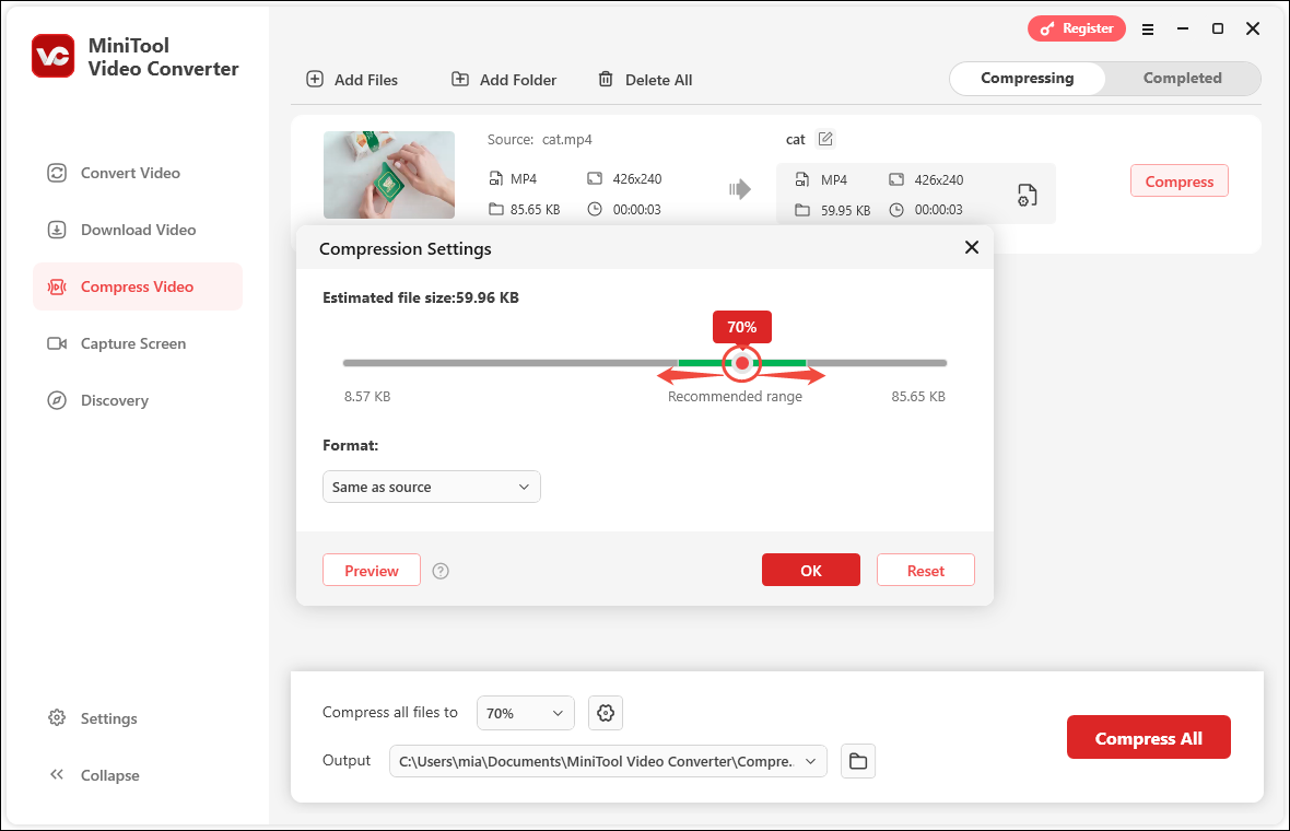 Adjust the video compression percentage in MiniTool Video Converter’s Compression Settings