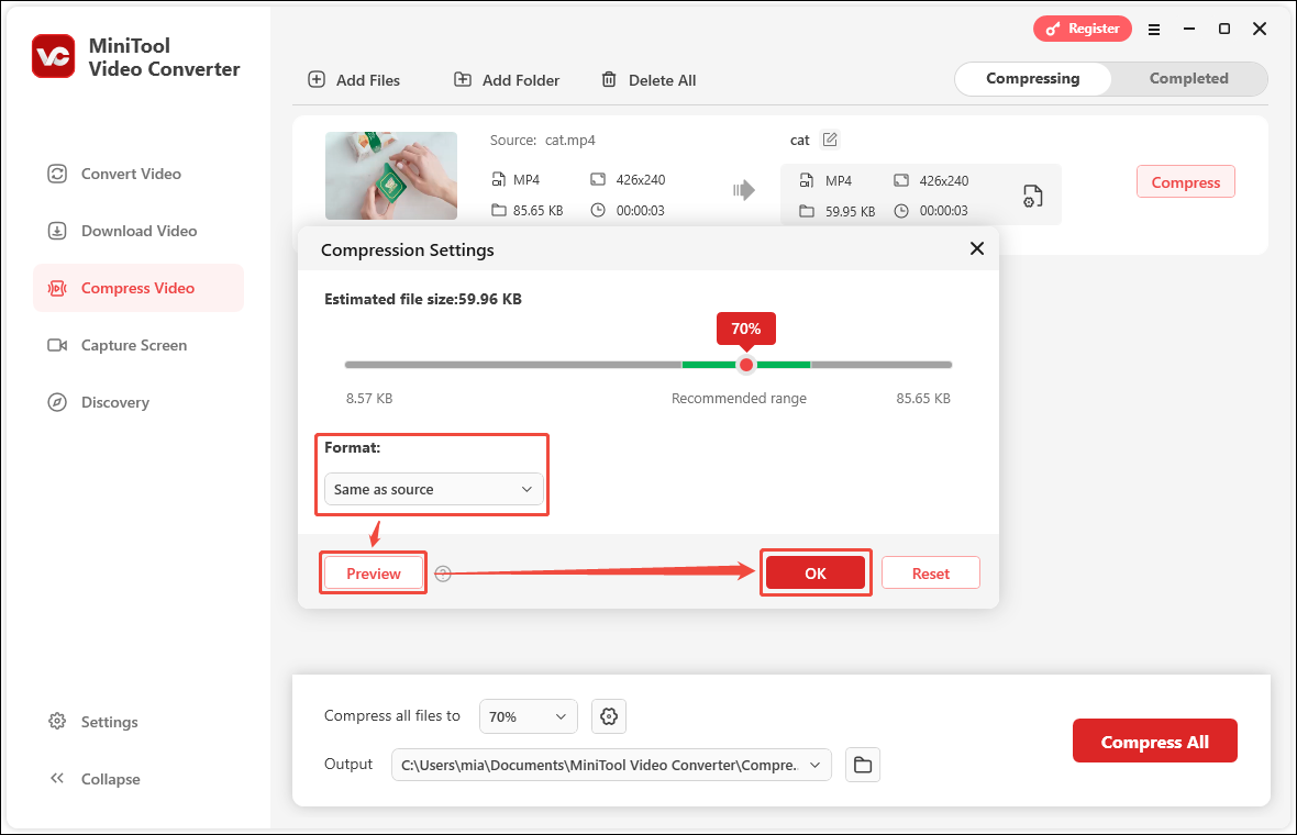 Choose the output format, preview the compressed video, and click on OK in MiniTool Video Converter