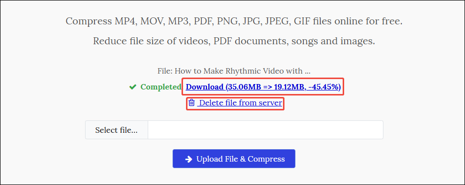 Click the link to download the compressed video on YouCompress