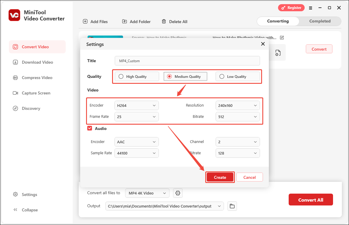 In MiniTool Video Converter’s Settings window, select a lower video quality, resolution, frame rate, and bitrate, and click on Create