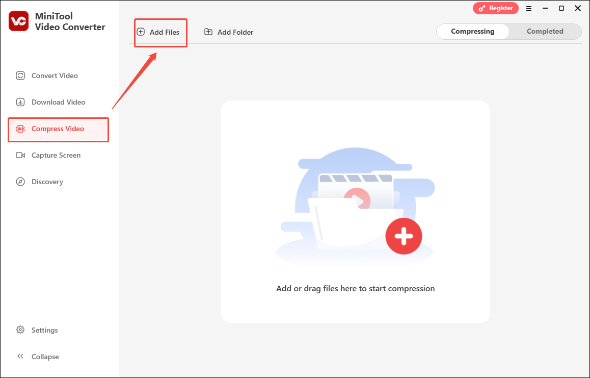 Click on the Add Files option in MiniTool Video Converter’s Compress Video tab to import your Shopify videos
