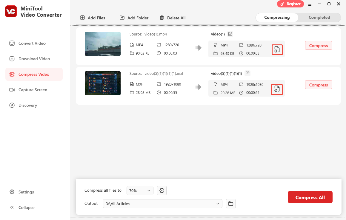 Click on the Settings icon in MiniTool Video Converter to enter the Compression Settings window
