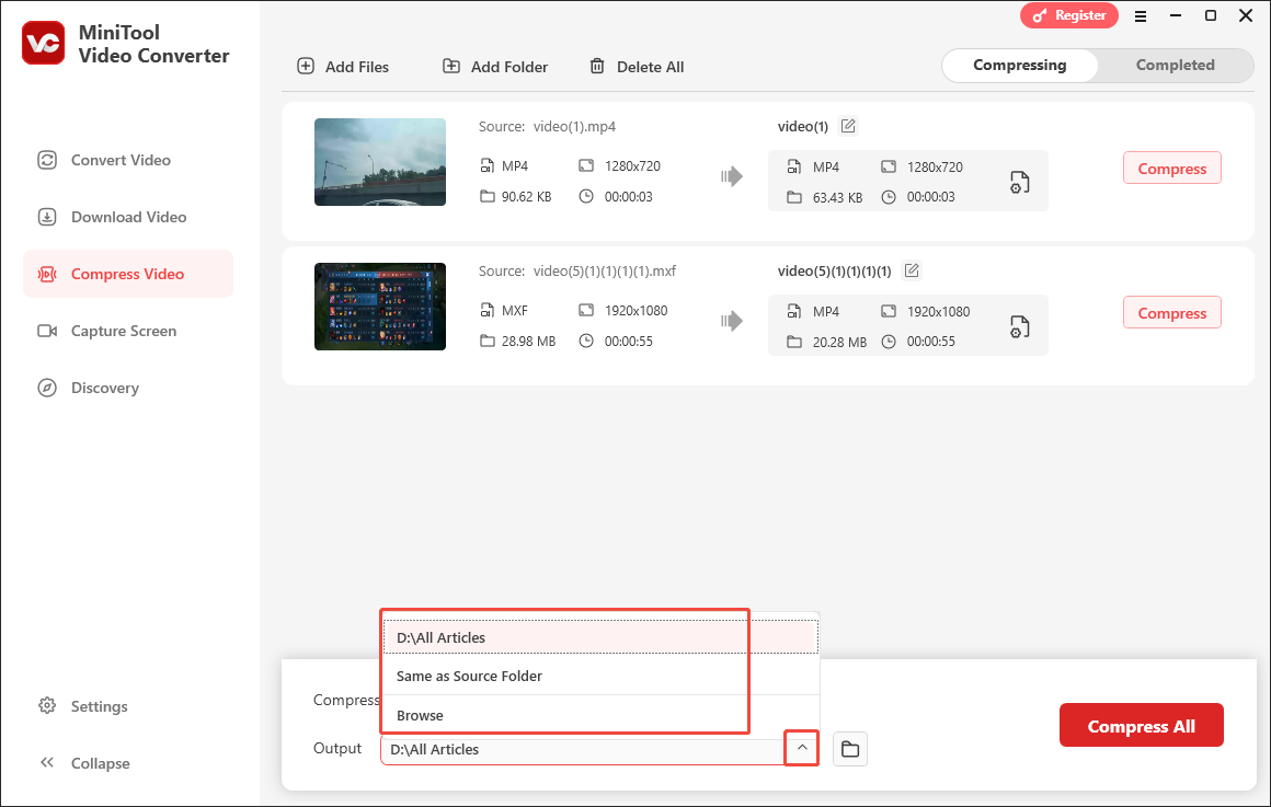 Expand the Output option in MiniTool Video Converter’s Compress Video tab to choose an output location for your compressed files