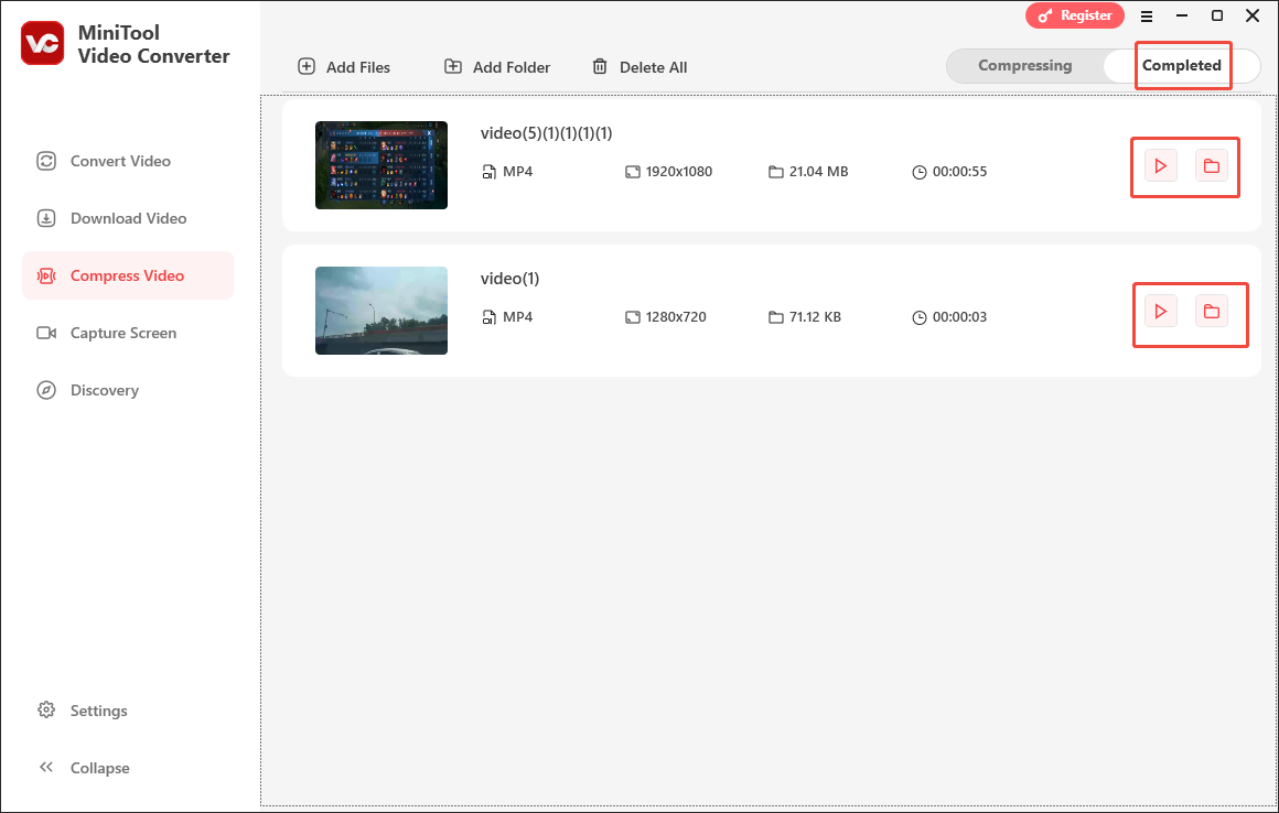 Click on the Folder or Play icon in the Completed section of MiniTool Video Converter’s Compress Video module to locate or view the output videos 