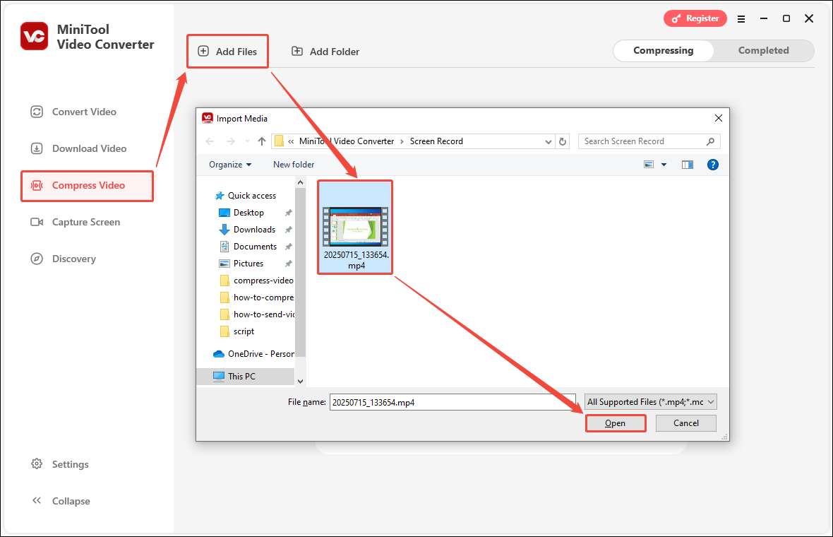 In MiniTool Video Converter, choose Compress Video on the left, click Add Files, select the video file, and click Open to import it
