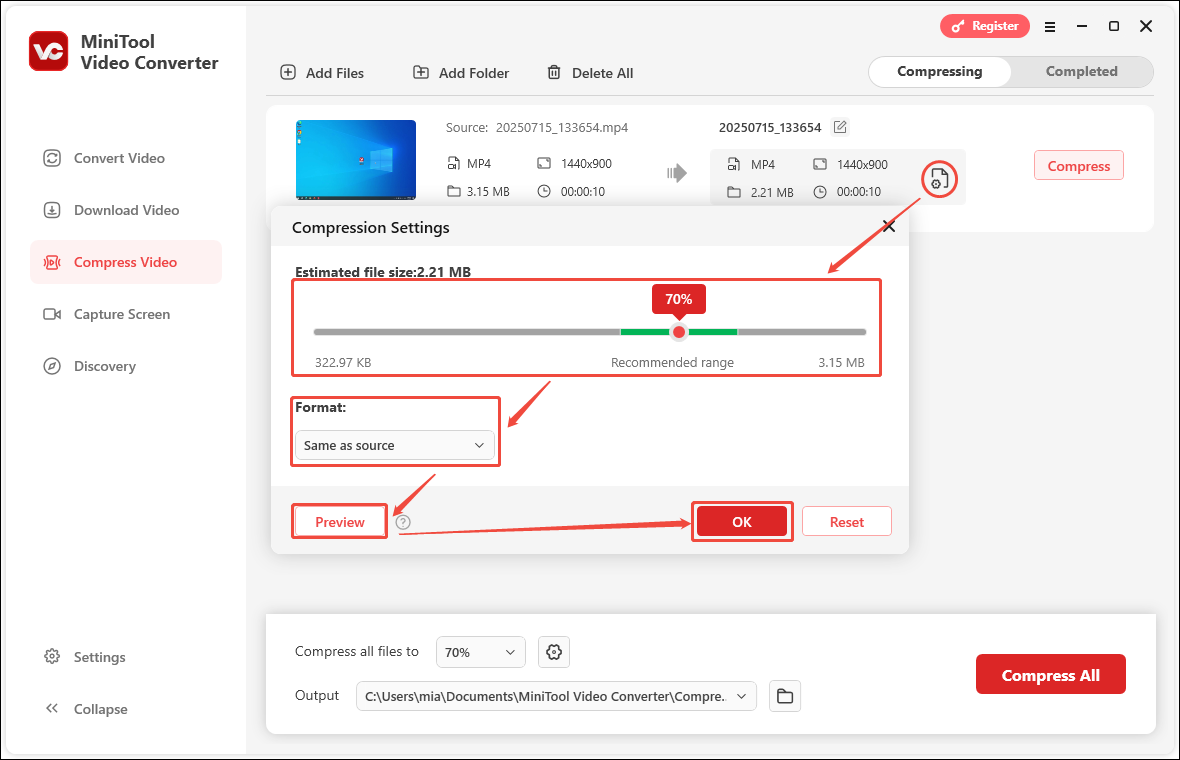 Click the gear icon, set the compression level and output format, click the Preview icon to check the video quality, and click OK to save all the changes in MiniTool Video Converter
