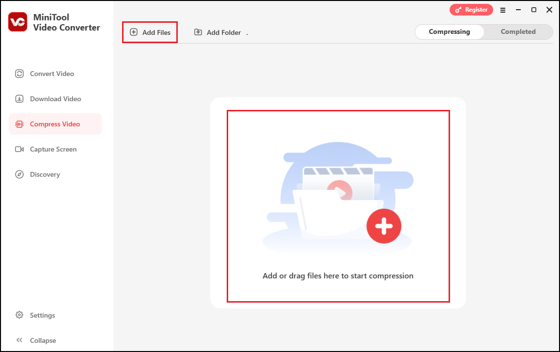 Click the Add Files button or the Add or drag files here to start compression area to load the video you want to compress