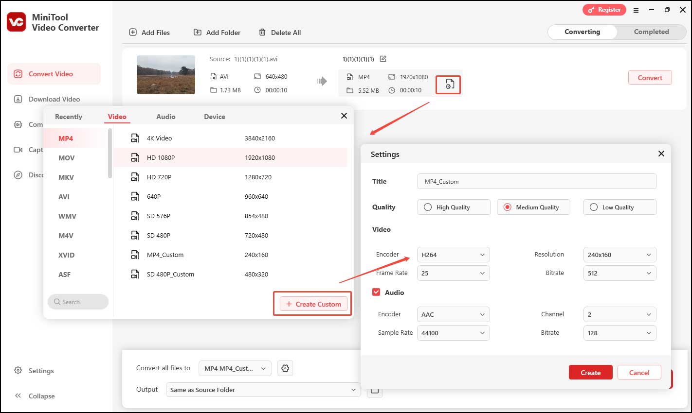 Compress a video by changing its parameters in MiniTool Video Converter