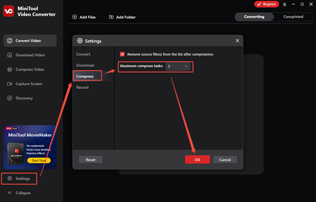 Go to Settings > Compress, expand the Maximum compress tasks, and click on OK to save the changes in MiniTool Video Converter