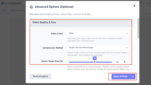 Adjust the advanced settings and click on Apply Settings for compressing the video with FreeConvert