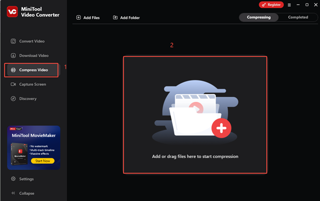 Switch to Compress Video and click on the square area to trigger the Import Media popup in MiniTool Video Converter