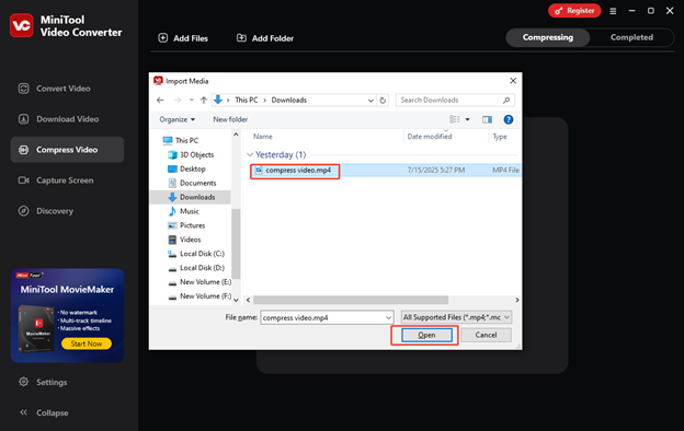 Locate and select the video, and click on Open to import it to MiniTool Video Converter for compression