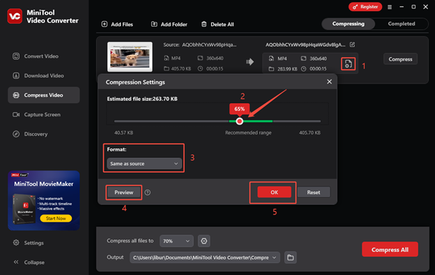 Click the Settings icon, drag the percentage slider, expand the Format menu, and click Preview > OK to adjust the compression settings in MiniTool Video Converter