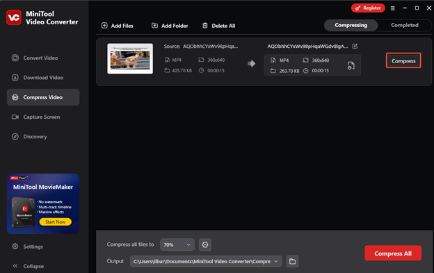 Click on Compress to compress the video in MiniTool Video Converter