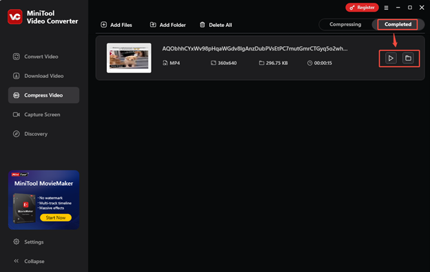 Click the folder icon to locate the compressed video, or click on the play icon to play the video in MiniTool Video Converter